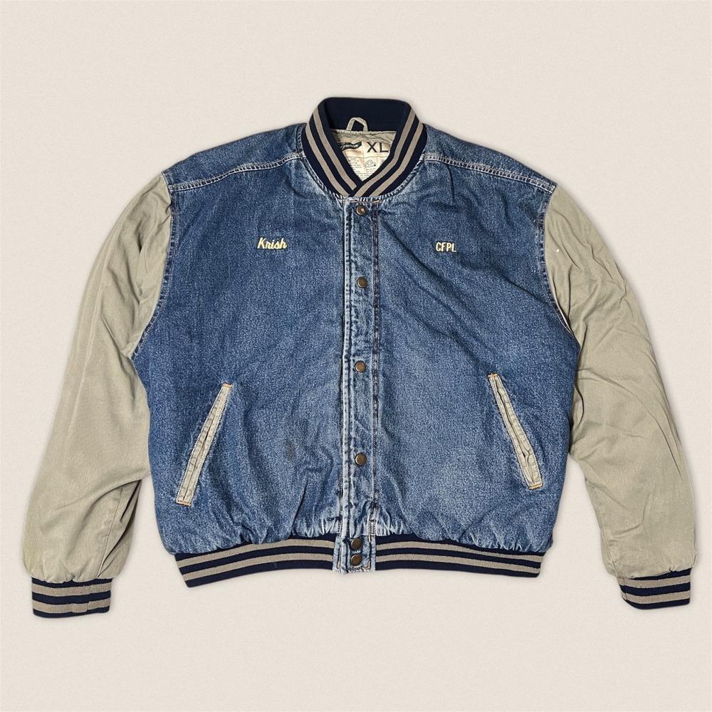 Vintage 90s Signature Collection Denim‎ Bomber Varsity Jacket Blue Tan -Size XL